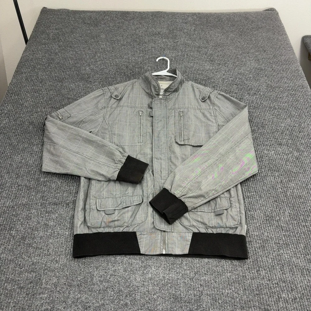 Five Four Bomber Jacket Mens XL Gray Polyester Cotton Plaid Mock Neck Casual